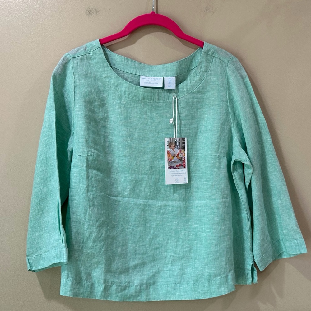 Martha Stewart Women's Small 100% Linen 3/4 Sleeve Cropped Top Seafoam Green NWT